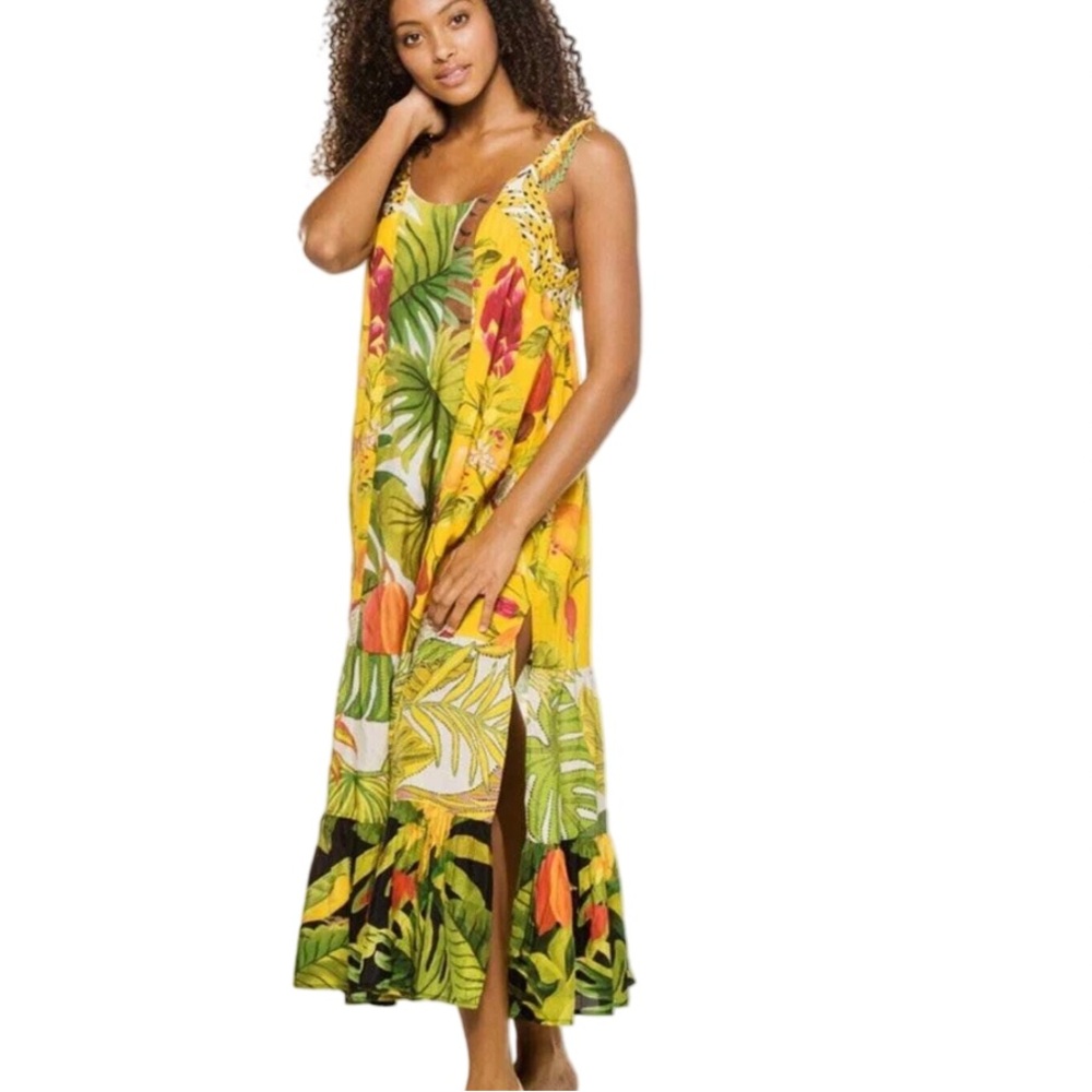 FARM Rio Yellow Tropical Maxi Skirt with Leaf Print and Side Slit